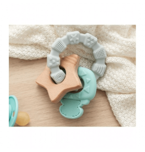 KIOKIDS Anneau Dentition Bois et Silicone Vert et Gris