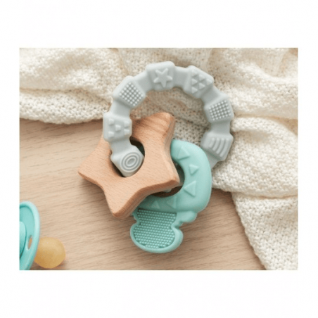 KIOKIDS Anneau Dentition Bois et Silicone Vert et Gris