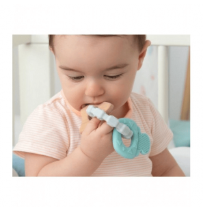 KIOKIDS Anneau Dentition Bois et Silicone Vert et Gris