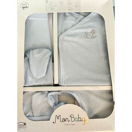 MON BABY Set 5p (Gilet double+Pantalon+Bavoir+Gants+Bonnet)dots bleu