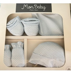 MON BABY Set 4p (Bavoir+Gants+Chaussettes+Bonnet)dots bleu