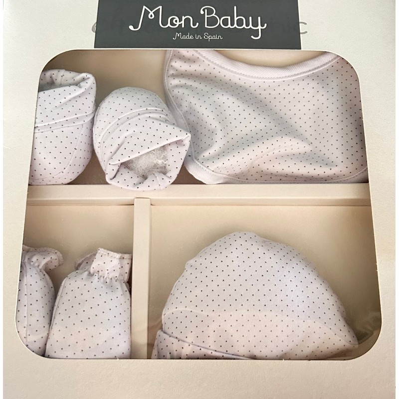 MON BABY Set 4p (Bavoir+Gants+Chaussettes+Bonnet)S4R dots B/beige