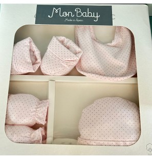 MON BABY Set 4p (Bavoir+Gants+Chaussettes+Bonnet)dots rose