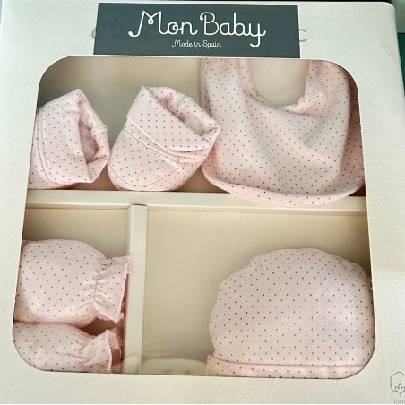 MON BABY Set 4p (Bavoir+Gants+Chaussettes+Bonnet)dots rose