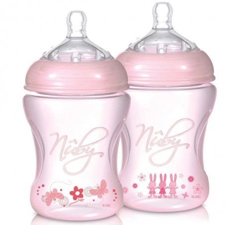 NUBY Biberon imprimé teinté rose clair 240ml +0 mois