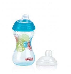 NUBY GOBELET EASY GRIP BLEU IMPRIME EN BB A BEC EN SILICONE +6MOIS 300ML