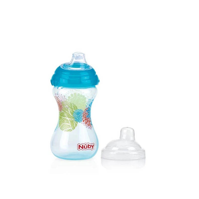 NUBY GOBELET EASY GRIP BLEU IMPRIME EN BB A BEC EN SILICONE +6MOIS 300ML