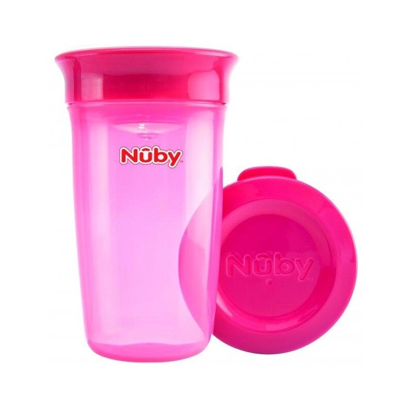 NUBY Gobelet 360 anti-déversement transparent avec couvercle rose 300 ml