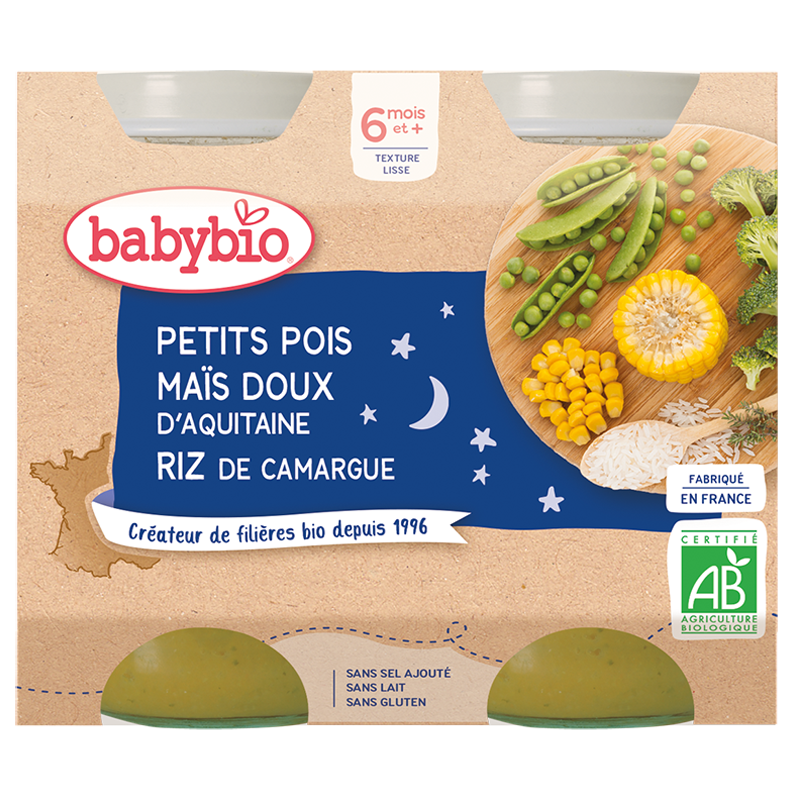 Babybio Petits Pois Maïs Doux d’Aquitaine Riz de Camargue | 2x200g