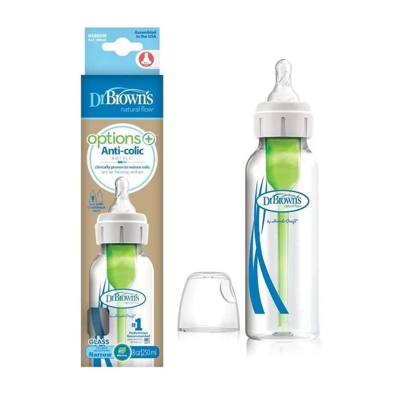 DR BROWN Biberon en verre  Natural Flow Anti-Colic  250 ml, 0 mois et plus