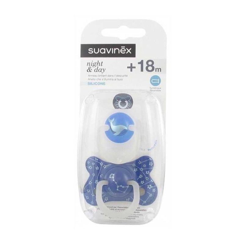 SUAVINEX Sucette Night&Day Silicone +18 bleu, baleine